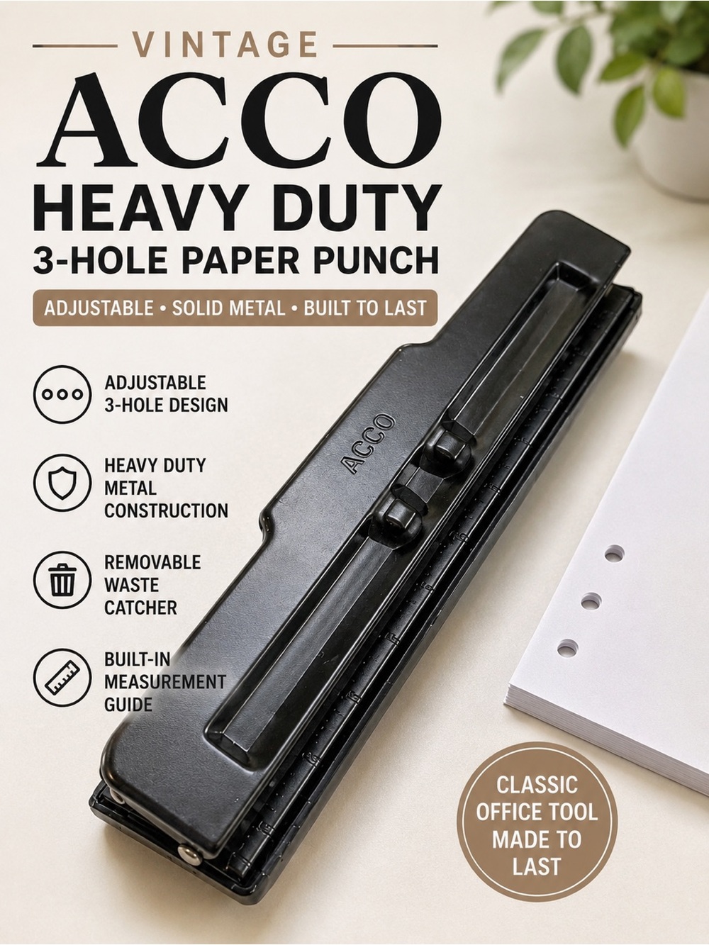 Vintage ACCO Heavy Duty Adjustable 3-Hole Paper Punch Black Metal